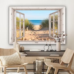 Canvas Maleri - Wall Decoration - View - Beach - Sea - Dunes - Sand - Water - Helmgras