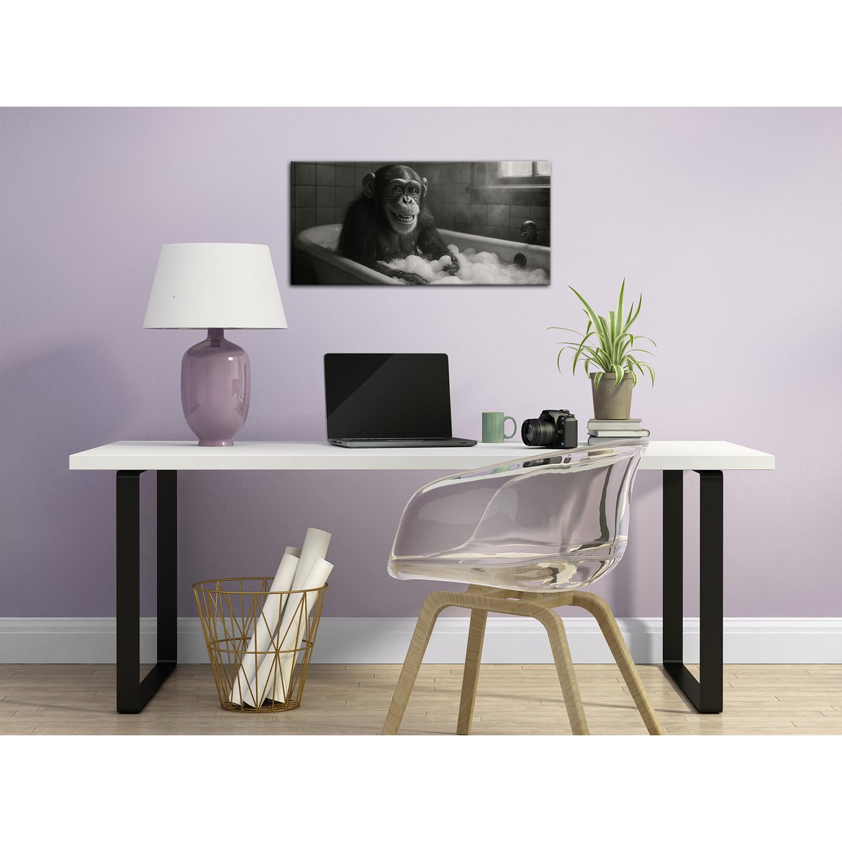 Muurfoto CHIMPANSEE IN DE BADKAMER 33x70 cm - canvas foto spieraam decoratie modern