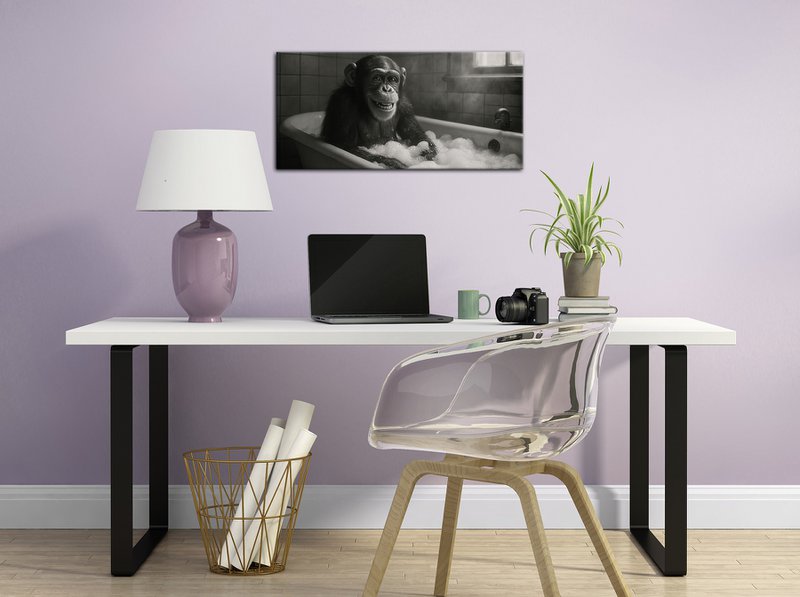 Vægbillede CHIMPANS I BADEVÆRELSET 33x70 cm - lærred billedbåre ramme dekoration moderne