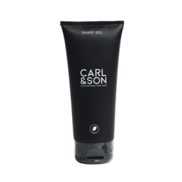 A black tube of shaving gel from the Carl & Son brand. The gel is designed for shaving and grooming purposes.