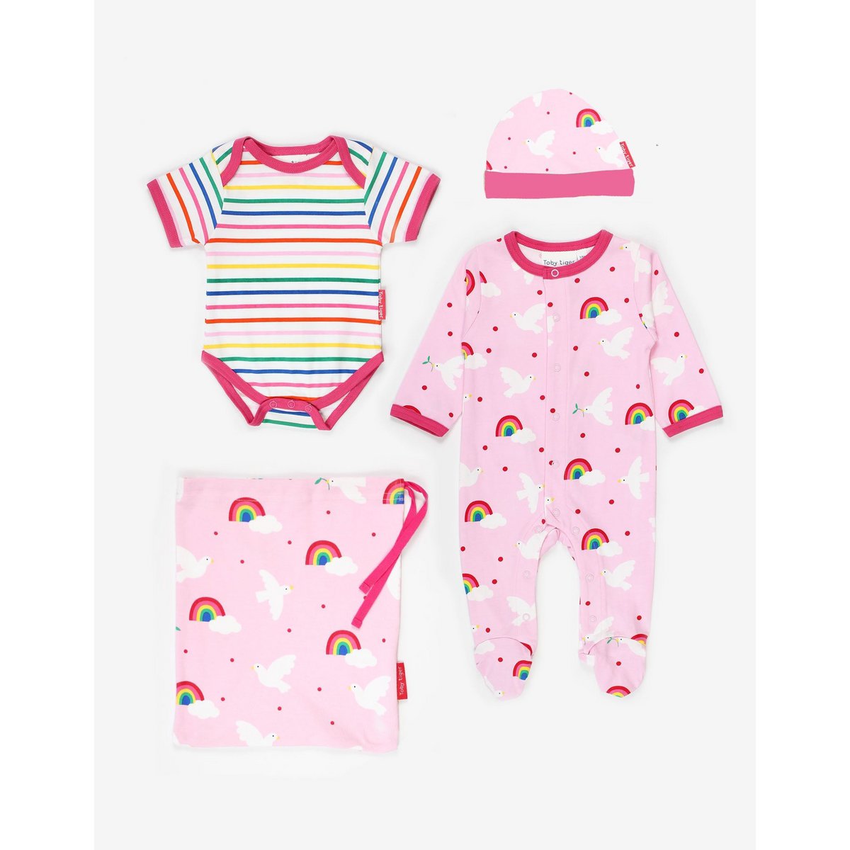 Organic cotton baby gift set with romper, hat and body with pigeon printing