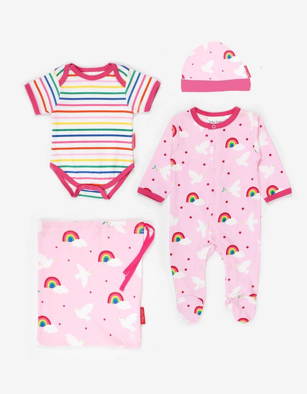 Organic cotton baby gift set with romper, hat and body with pigeon printing