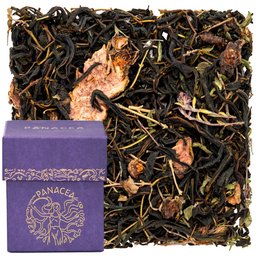 Loose leaf black tea with dried fruit and herbs, packaged in a purple box with a floral design.