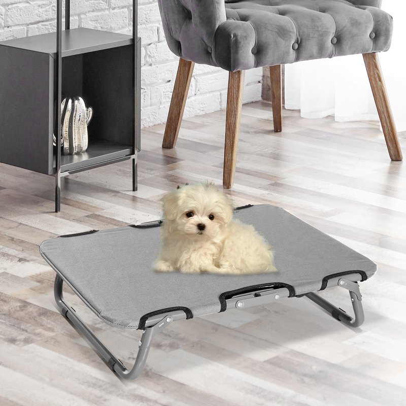 Outdoor Dog Lounger, Foldable Elevated Dog Bed for Small Dogs, Cooling Pet Lounger with Steel Frame, Pet Bed for Outdoor Camping, 59 x 46 x 15 cm, Gray