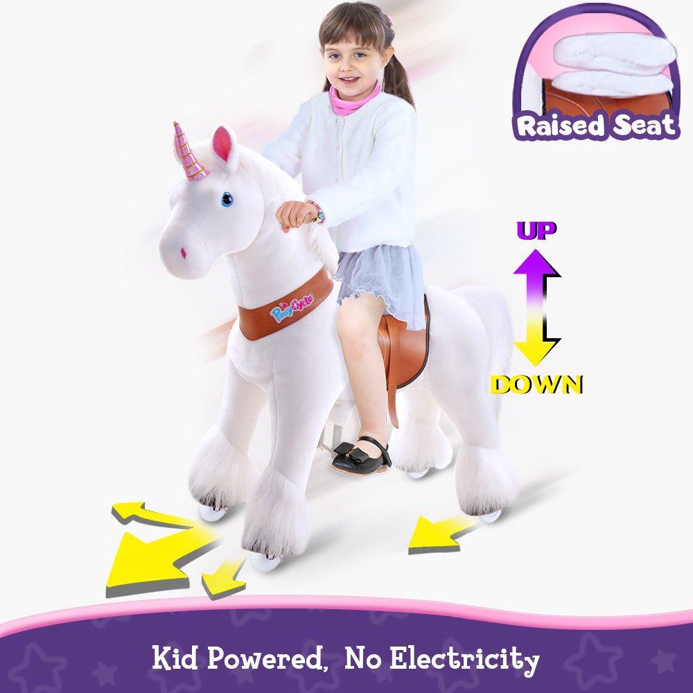 PonyCycle Official Classic Ride on Toys Modèle U Licorne blanche, rose et violette - avec frein et son