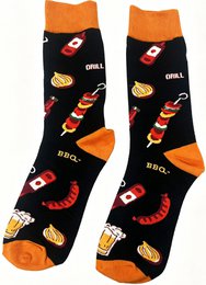 BBQ grill socks with hot dogs, burgers, flames, orange and black colors, food pattern design.