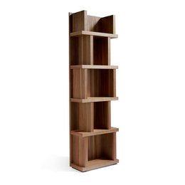 Walnut-colored wooden bookcase with multiple shelves for storing books and decor.