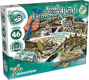Science4you Dinosaur Fossil Excavation Kit 4 in 1 - Fossil Digging Kit for Kids, Build 4 Dinosaur Fossils, 46 pieces, Archeology Set, Hunting Kit - Dinosaur Toys, Games for Boys and Girls Age 6+
