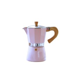  A pink espresso maker with a wooden handle, capable of brewing 3 cups of espresso. The espresso maker has a classic, retro-inspired design.