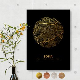 Round wall art featuring a map of Sofia, Bulgaria in gold, copper, rose gold, silver, and white color variants. Available in 30 x 42 cm and 21 x 30 cm sizes.