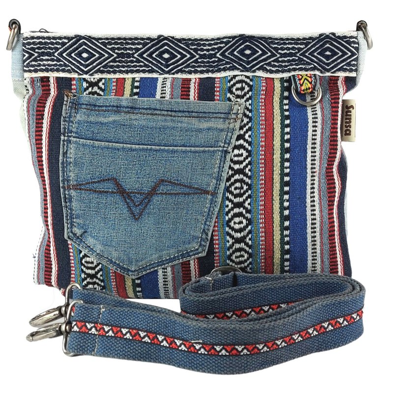Sunsa dames schoudertas. Schoudertas gemaakt van upcycled jeans en katoen. Handtas vintage retro-stijl. Crossbodytas voor dames.