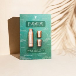 This gift set includes two travel bottles in a copper and green color scheme. The bottles appear to be made of metal and have a sleek, modern design. The set is part of the "Paradise Collection" and would be suitable for travel or personal care products.