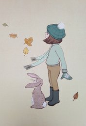 Postcard with a person and a rabbit walking in the wind, with falling leaves.
