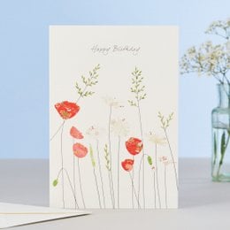 Vibrant red poppies against a neutral background, with delicate green stems and leaves. A simple, elegant birthday card design.