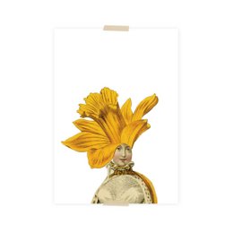Postkartencollagedame mit Narzisse auf Kopf