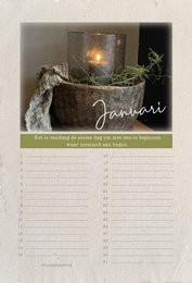 A rustic wall calendar featuring a cozy, farmhouse-style design with a wooden planter filled with white flowers. The calendar has a simple, minimalist layout perfect for organizing your monthly schedule.