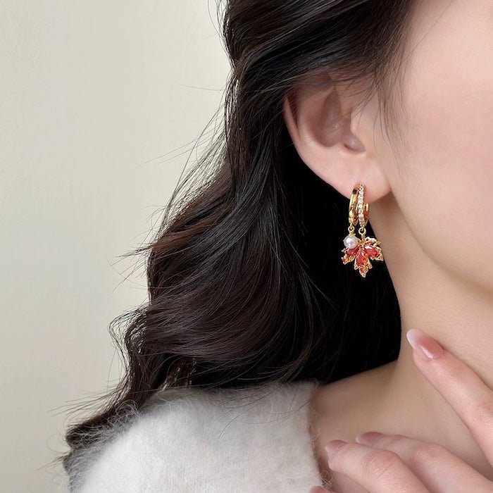 Autumn Maple Pearl Drop Earrings