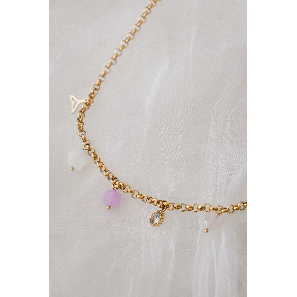Bedelketting Zeemeerminstaart, Schelp & Edelstenen - Goud