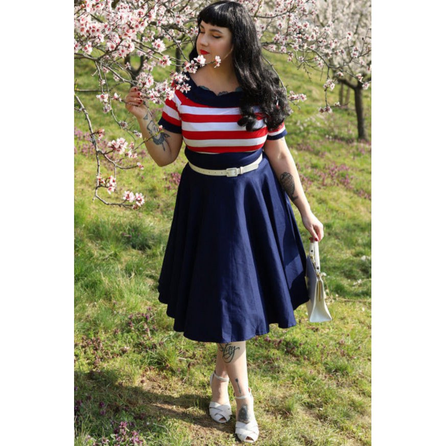 EU Stock Darlene Retro Swing Dress in Navy med røde og hvide striber