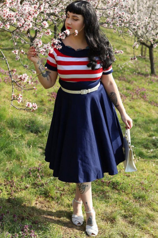 EU Stock Darlene Retro Swing Dress in Navy med røde og hvide striber