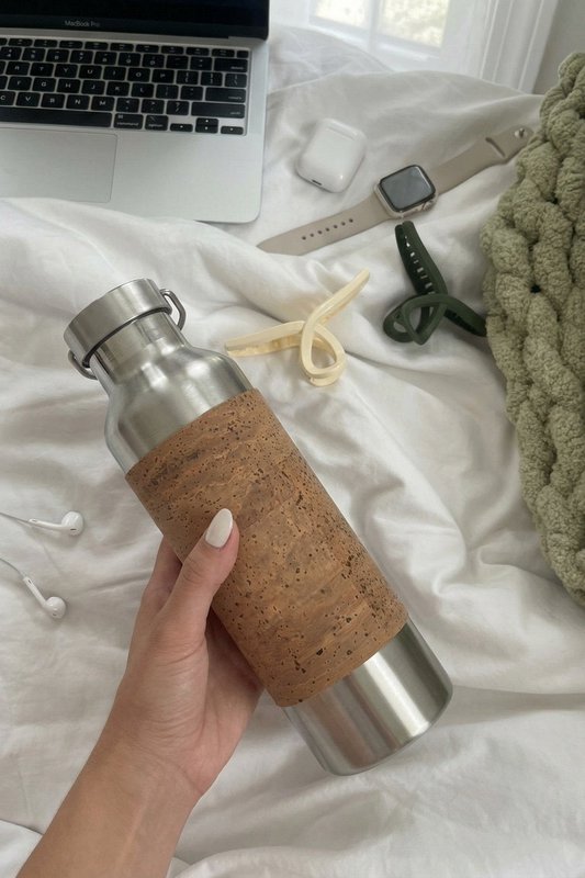 Drikkeflaske i rustfrit stål med korkhylster - termokande - 750 ml, med te-si