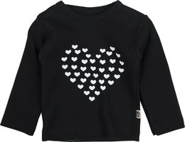 A black long-sleeved baby shirt with a heart-shaped pattern made of smaller hearts in white.