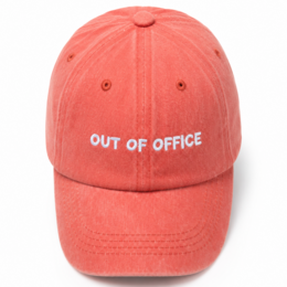 Coral red baseball cap with "OUT OF OFFICE" text embroidered, casual summer style adjustable hat