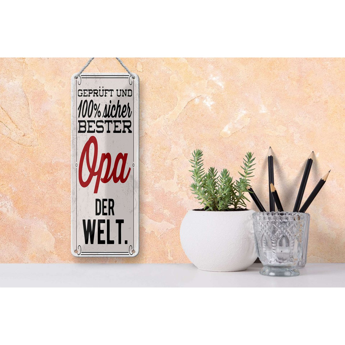 Blikken bord met de tekst 27x10 cm getest en veilig beste opa ter wereld decoratief bord