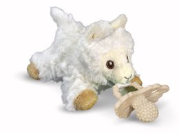 Soft, plush llama-shaped pacifier holder with beige teat. Lightweight and cuddly for infants and toddlers.