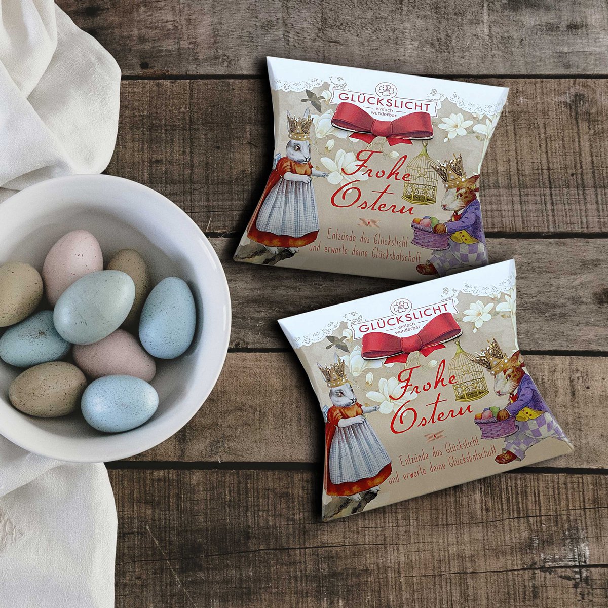 Luce portafortuna / In confezione regalo con fiocco ritagliato 🎀 / Vintage / Buona Pasqua / Illustrato con teneri coniglietti
