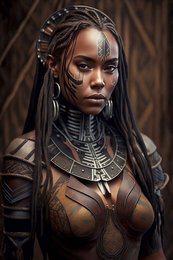 Striking portrait of a woman with intricate braided hairstyle and ornate jewelry, set against a dark background.