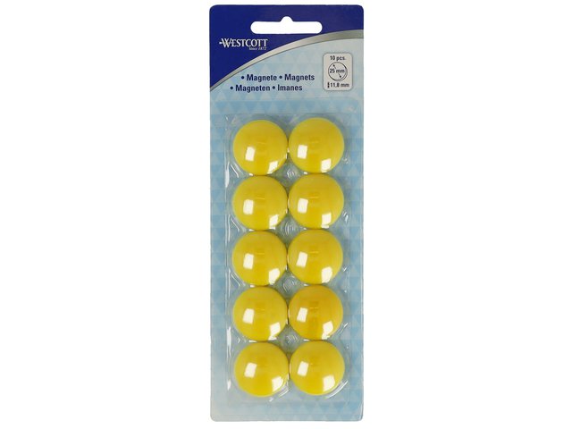 Magnete Westcott giallo confezione da 10 pz. Ø 25mmx11,8mm, capsula da 300g: 4-6 fogli da 80gr. carta