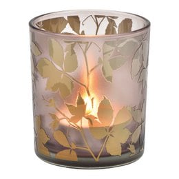 A decorative glass lantern with a leaf pattern, suitable for holding tea lights. The lantern measures approximately 9x10x9cm.
