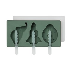 Silicone ice pop mold in the shape of various shapes, including a bell, a star, and a circle. The mold is made of green silicone and has a white plastic frame.