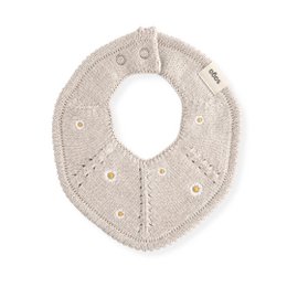  Cream knitted baby bib with delicate daisy flower details, soft cotton material, round shape, newborn accessory.