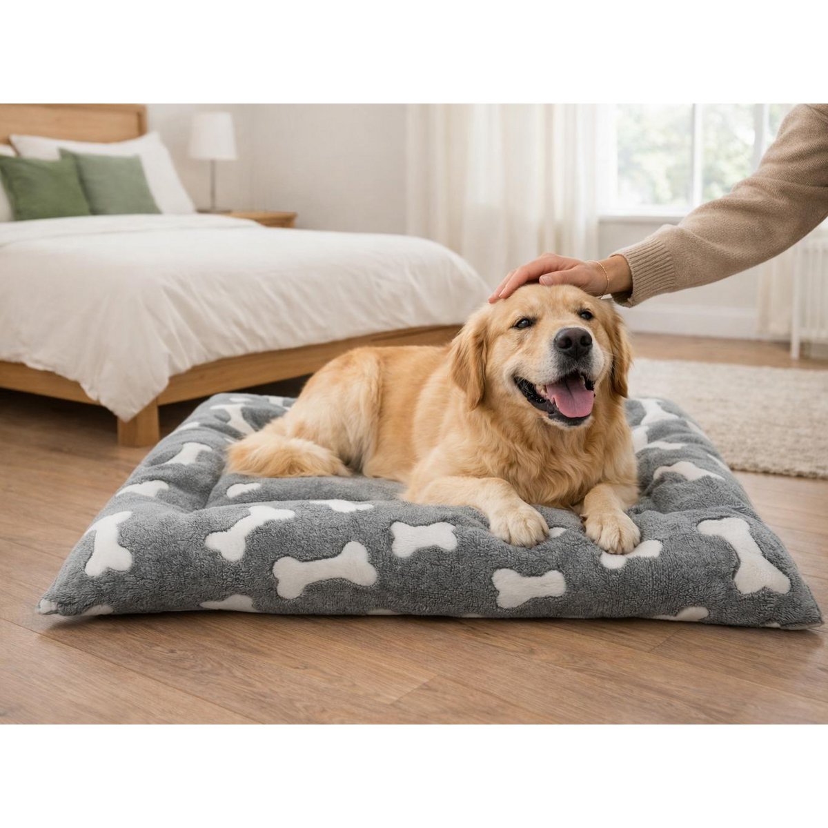 Yommy Dog Bed in 3 Sizes (M,LXL) – Grey Stars and Bones Design Pet Bed | Soft, Non-Slip, Durable, and Washable Indoor Dog Bed for Comfortable Rest