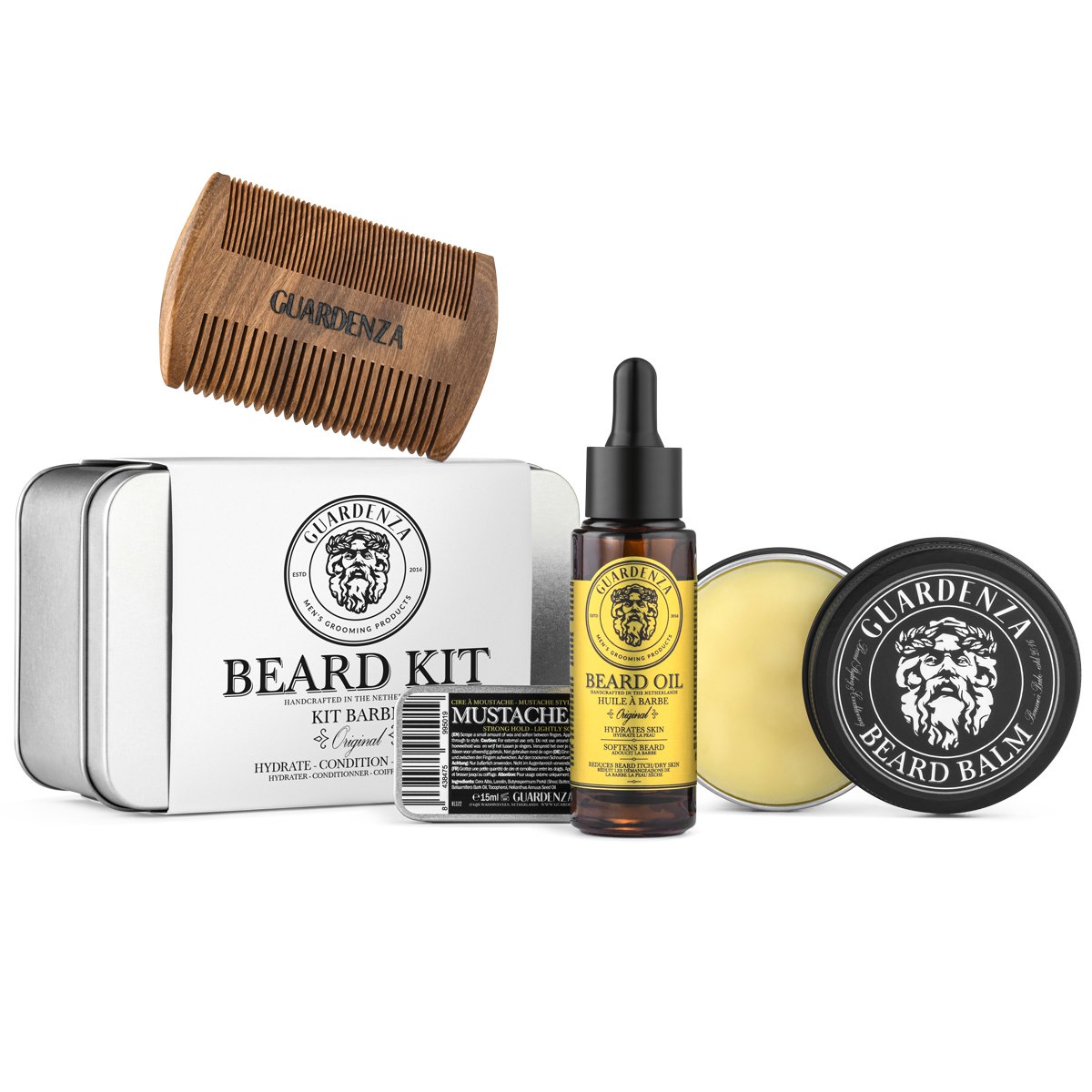 Ensemble de barbe Guardenza - Huile à barbe, baume à barbe, cire à moustache, peigne à barbe