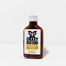 Crazy Bastard Hot Sauce jalapeño date, glass bottle black cap, green yellow label owl graphic design