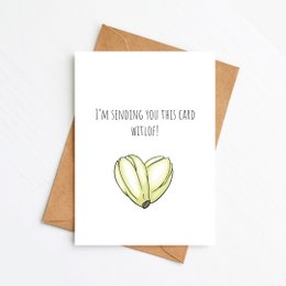 A greeting card with a heart-shaped leaf illustration and the text "I'm sending you this card with love!"