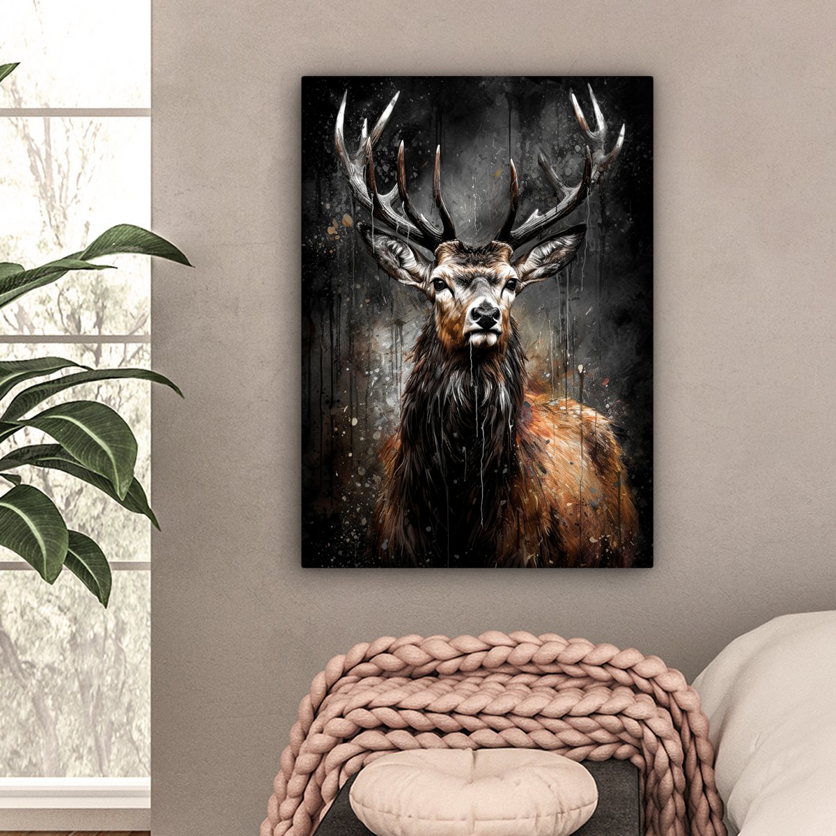 Leinwand Malerei - Wanddekoration Hert - Schwarz - Tier - Hirschbett - Wanddekoration Wohnzimmer - Schlafzimmer Dekoration - Raumzubehör - Leinwand Gemälde