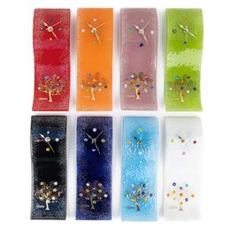 Rectangular wall clock in Murano glass, available in various colors and sizes, featuring a golden tree of life decoration. Suitable as a gift or home decor.