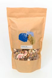 Floral fig granola refill bag with a variety of dried fruits and nuts.