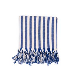 Handwoven Hamam towel in a classic blue and white striped pattern. Made of soft, absorbent cotton with tasseled edges.