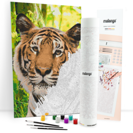 Vibrant painting of a tiger in a lush jungle setting, featuring a close-up view of the tiger's face with its distinctive orange and black striped fur, piercing eyes, and alert expression.