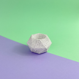 Small hexagonal white terrazzo plant pot with a cactus plant inside.