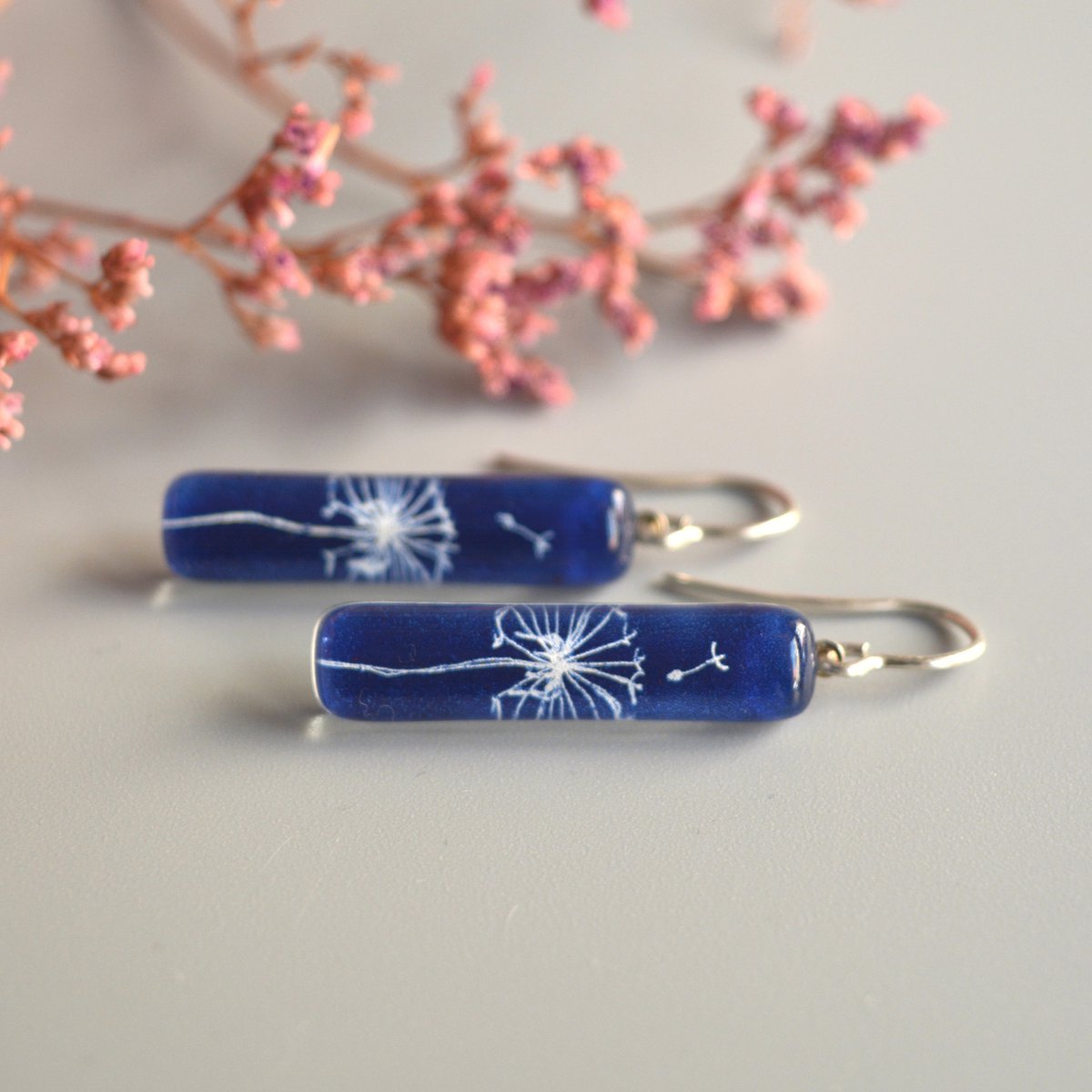 Dandelion earrings in cobalt blue, Long dangle bar, Glass and sterling silver