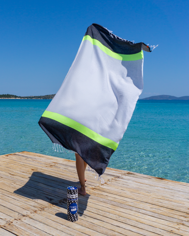 TOWEL TO GO NEON Recycled Cotton Beach Towel 180x100 cm | Quick Dry Pool Towel | Grey / Black | with Gift Box