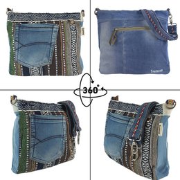 Sunsa Women's Sustainable Shoulder Bag. Shoulder bag made from recycled jeans & cotton. Handbag vintage retro style. Crossbody bag for women.