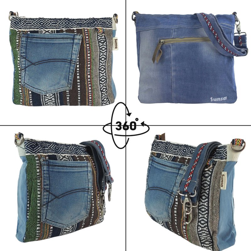 Sunsa Bæredygtig Skuldertaske til kvinder. Skuldertaske lavet af genbrugte jeans og bomuld. Håndtaske vintage retro stil. Crossbody taske til kvinder.
