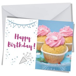A colorful birthday card featuring a cupcake with pink frosting, surrounded by macarons and flowers. The card has the text "Happy Birthday!" in a stylized font.
The image shows a birthday card with a cupcake as the main focus. The cupcake has pink frosting and appears to be decorated with sprinkles or small candies. Surrounding the cupcake are several colorful macarons in various pastel shades. The background features a soft blue sky with some floral elements, such as purple flowers, adding to the festive and celebratory atmosphere.
The text on the card reads "Happy Birthday!" in a stylized, cursive-like font, emphasizing the celebratory nature of the card.
This birthday card would be suitable for a variety of occasions, from a child's birthday to a more formal adult celebration. The combination of the cupcake, macarons, and flowers creates a visually appealing and festive design that captures the essence of a birthday celebration.